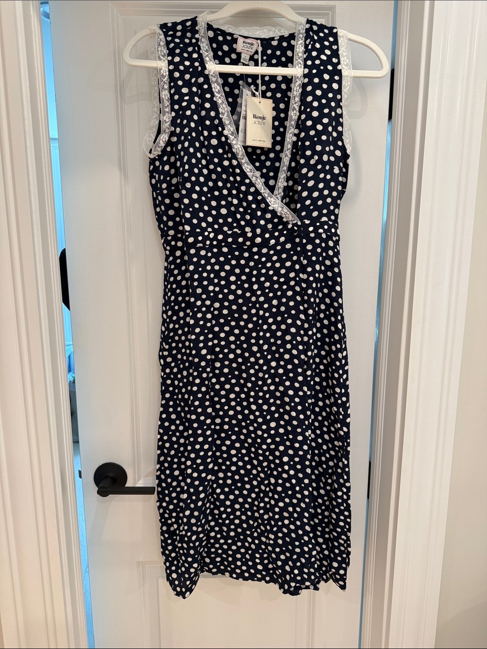J. Crew Navy and White Polka Dot Sleeveless Wrap Dress